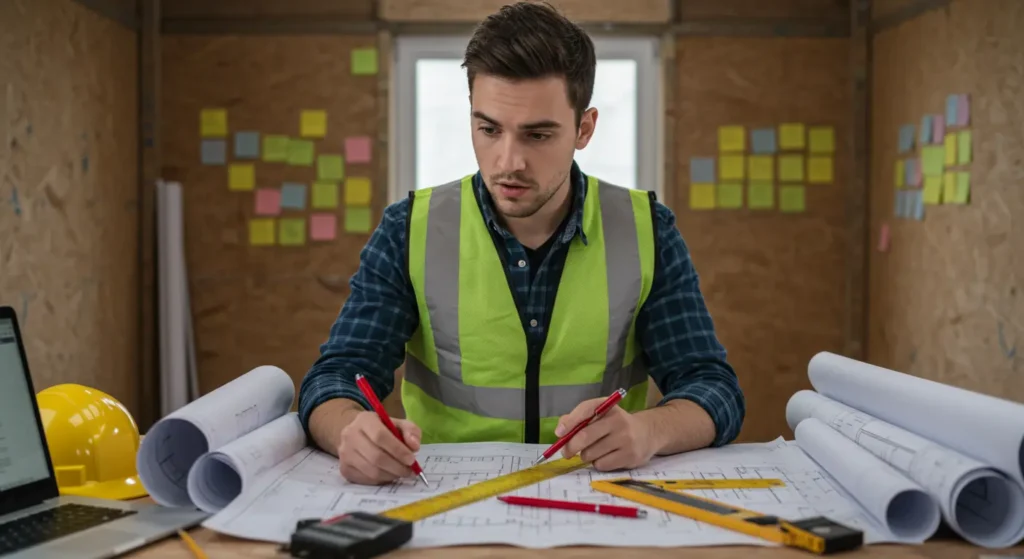 A construction trainee or junior engineer inside a site trailer or office, intensely studying a large architectural blueprint spread across a table. Around them are red pens, measuring scales, a laptop open to a drawing file, and notes stuck on the wall. Their face shows curiosity and concentration.
