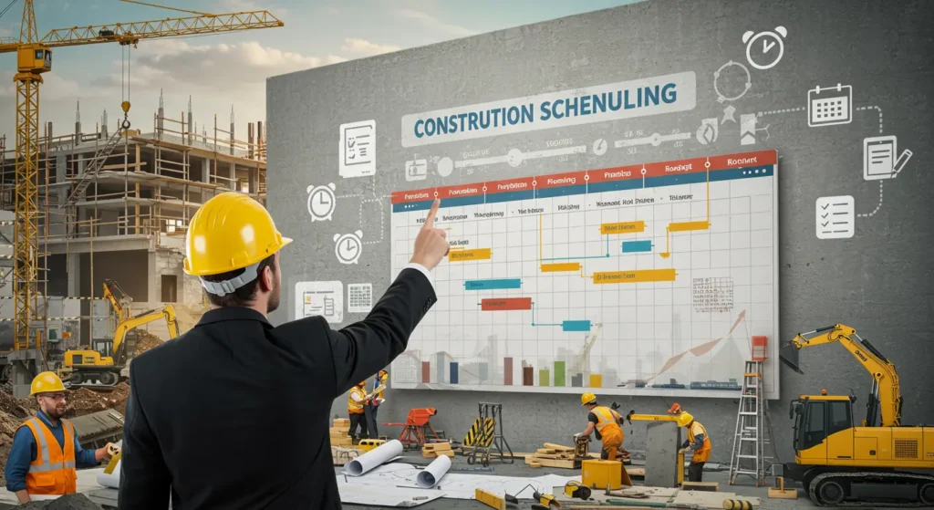 A realistic, detailed illustration showing the concept of construction scheduling — a project manager wearing a hard hat pointing at a large wall-mounted timeline or digital Gantt chart. Around him are workers, construction machinery, and blueprints. The timeline displays labeled tasks like “foundation,” “framing,” “plumbing,” and “roofing.” Include icons of clocks, calendar, checklist, and arrows showing task flow. Background: active construction site with cranes, scaffolding, and partially built structures. Mood: organized, efficient, planning-focused.