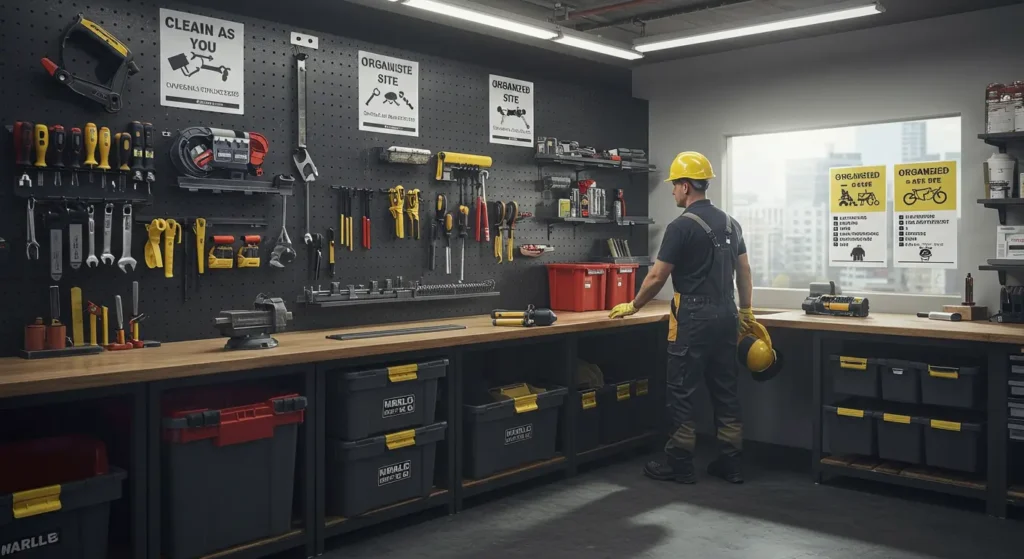 A well-organized construction or workshop site with tools properly stored on a wall-mounted pegboard, labeled bins for materials, and clean, swept floors. A worker is seen placing tools back into their proper place while wearing safety gear. Clear signage reads “Clean As You Go” and “Organized Site = Safe Site.” Background shows a bright, tidy workbench with no clutter, emphasizing cleanliness and efficiency. Realistic lighting and professional atmosphere.


